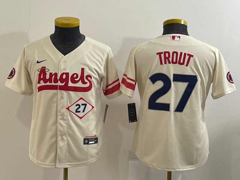 Kids Los Angeles Angels Cream #27 TROUT MLB Jersey 02