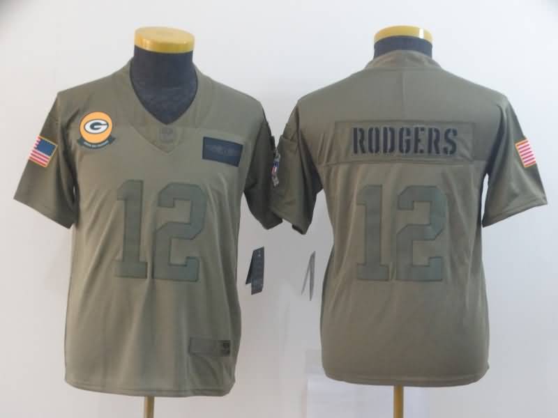 Kids Green Bay Packers #12 RODGERS Olive Salute To Service NFL Jersey