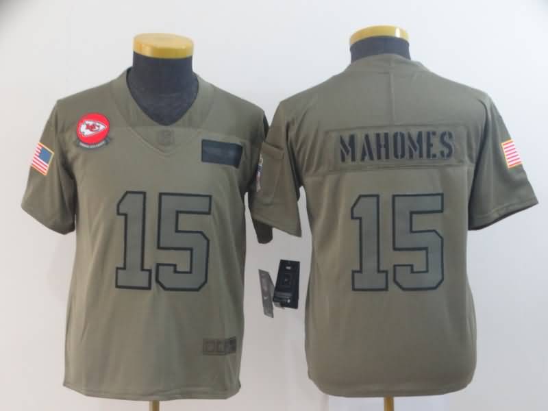 Kids Kansas City Chiefs #15 MAHOMES Olive Salute To Service NFL Jersey