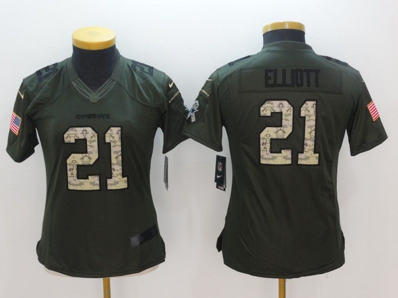 Dallas Cowboys #21 ELLIOTT Olive Salute To Service Women NFL Jersey 05