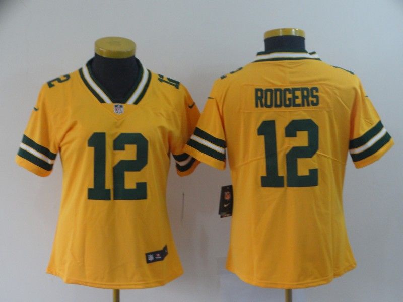Green Bay Packers #12 RODGERS Yellow Inverted Legend Women NFL Jersey