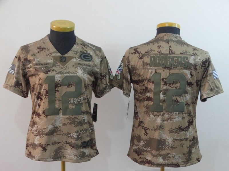 Green Bay Packers #12 RODGERS Olive Salute To Service Women NFL Jersey 02