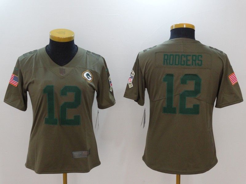 Green Bay Packers #12 RODGERS Olive Salute To Service Women NFL Jersey 03