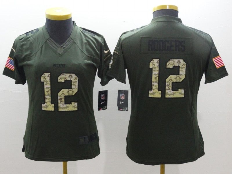Green Bay Packers #12 RODGERS Olive Salute To Service Women NFL Jersey 05
