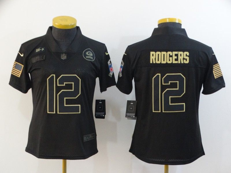 Green Bay Packers #12 RODGERS Black Gold Salute To Service Women NFL Jersey