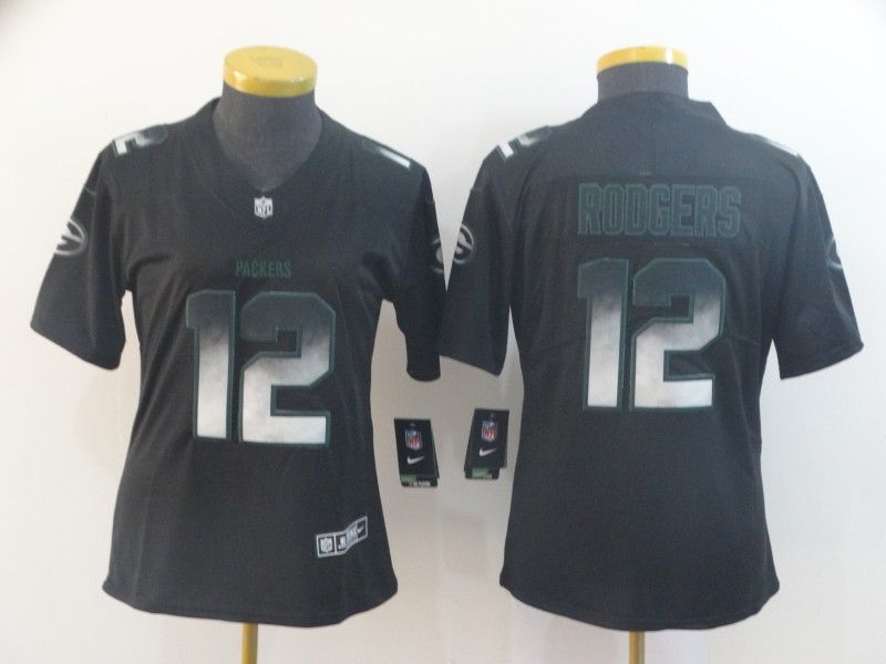 Green Bay Packers #12 RODGERS Black Smoke Fashion Women NFL Jersey
