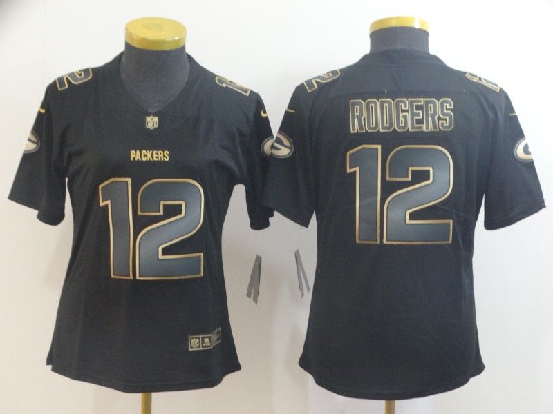 Green Bay Packers #12 RODGERS Black Gold Vapor Limited Women NFL Jersey