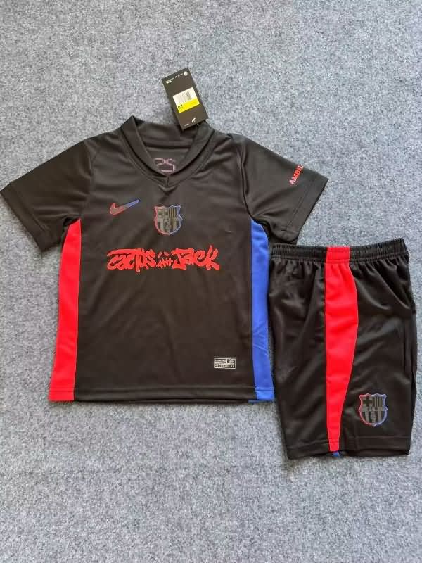 Kids Barcelona 24/25 Away Soccer Jersey And Shorts Sponsor 04