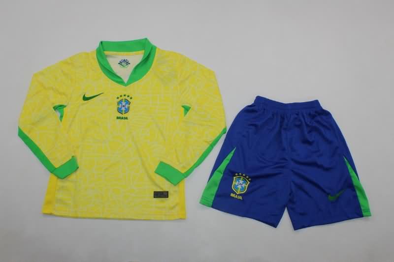 Kids Brazil Soccer Jersey Copa America Home Long Sleeve Replica 2024