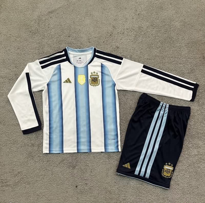 Kids Argentina 2026 World Cup Home Long Sleeve Soccer Jersey And Shorts