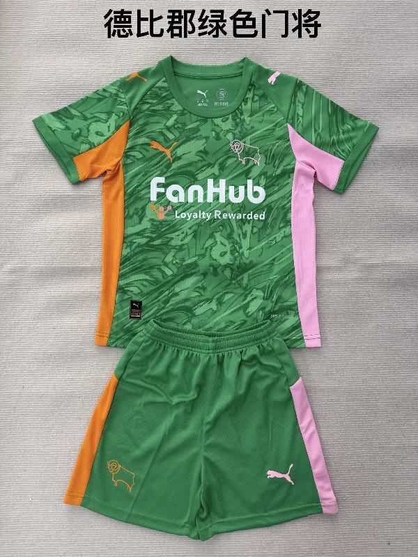 Kids Derby County 25/26 Goalkeeper Green Soccer Jersey And Shorts