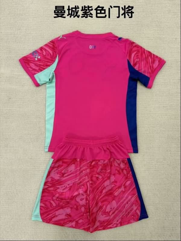 Kids Manchester City 25/26 Goalkeeper Pink Soccer Jersey And Shorts