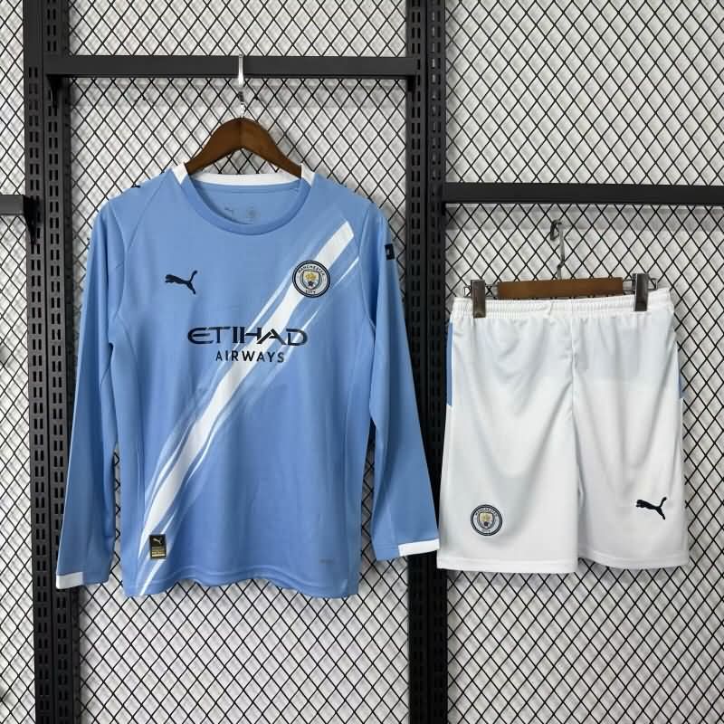 Kids Manchester City 25/26 Home Long Sleeve Soccer Jersey And Shorts