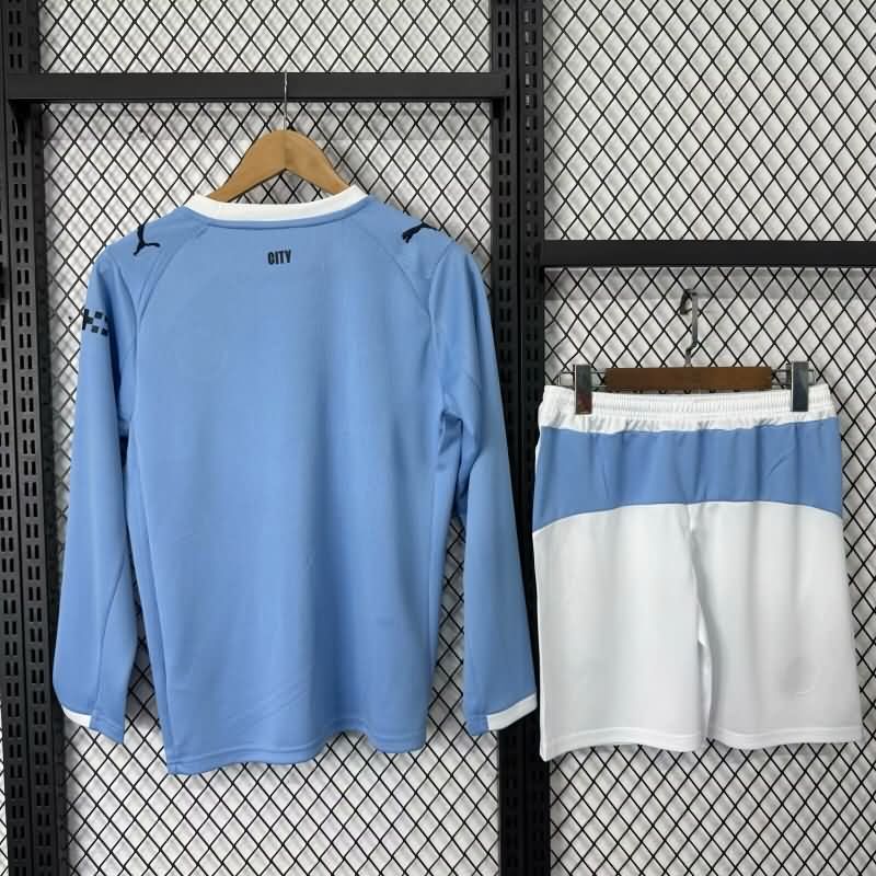 Kids Manchester City 25/26 Home Long Sleeve Soccer Jersey And Shorts