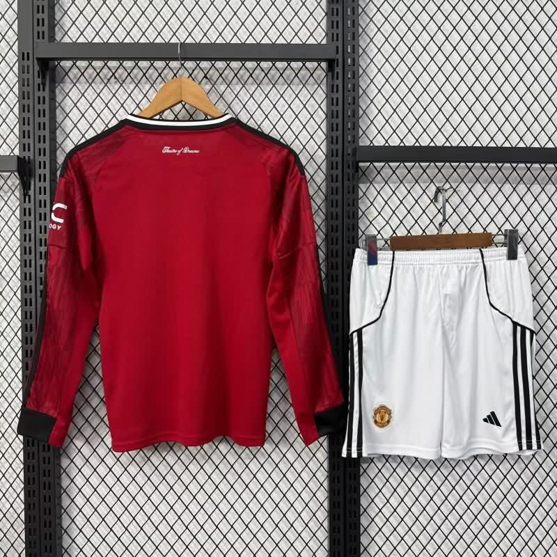 Kids Manchester United 25/26 Home Long Sleeve Soccer Jersey And Shorts