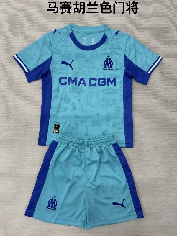 Kids Marseilles 25/26 Goalkeeper Blue Soccer Jersey And Shorts