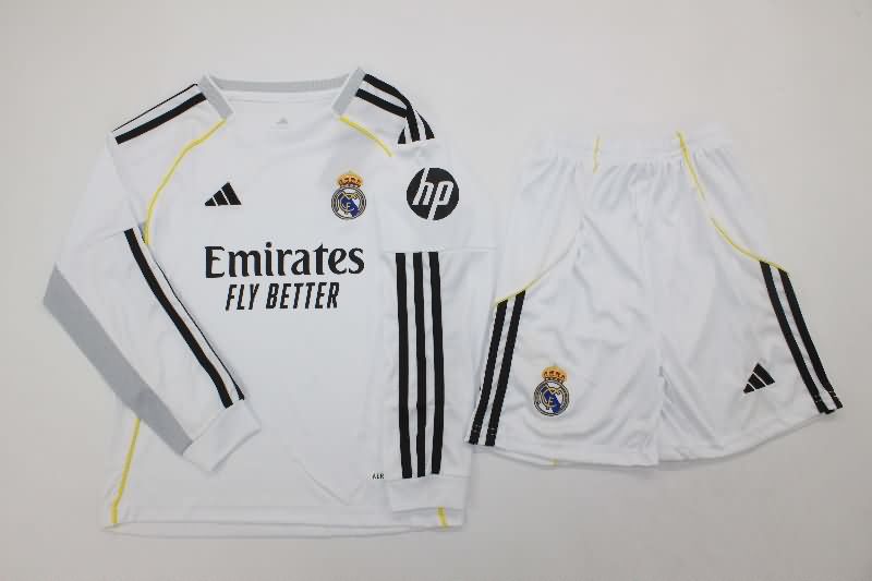 Kids Real Madrid 25/26 Home Long Sleeve Soccer Jersey And Shorts