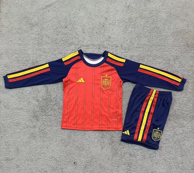 Kids Spain 2026 World Cup Home Long Sleeve Soccer Jersey And Shorts