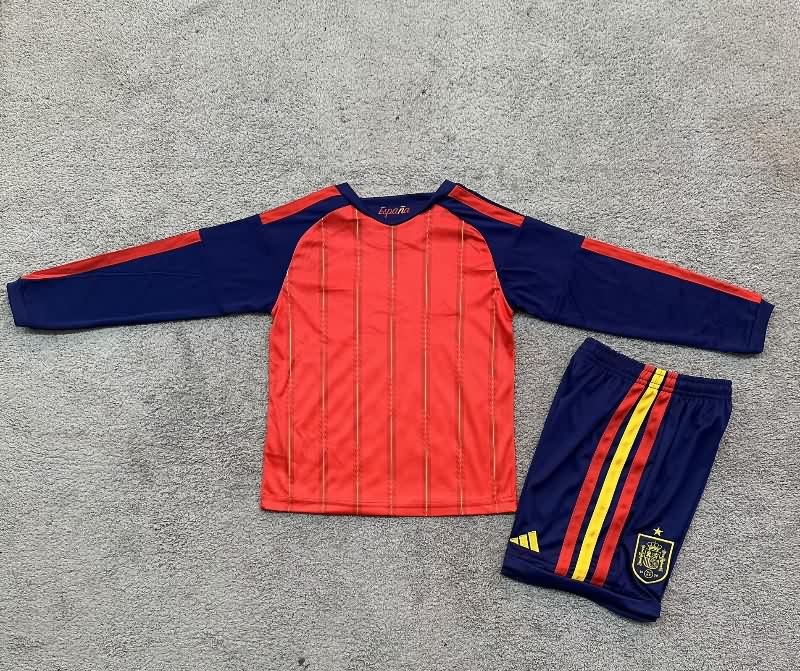 Kids Spain 2026 World Cup Home Long Sleeve Soccer Jersey And Shorts