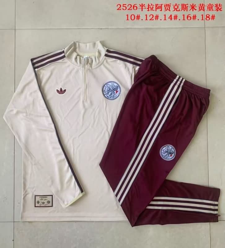 Kids AAA Quality Ajax 25/26 Light Yellow Soccer Tracksuit