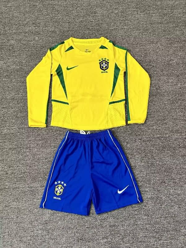 Kids Brazil 2002 Home Long Sleeve Soccer Jersey And Shorts